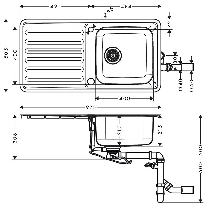 Hansgrohe S4113-F400 Built-in Kitchen Sink 400/400 With Drainboard - Stainless Steel - 43338800 4 Hansgrohe S4113-F400 Built-in Kitchen Sink 400/400 With Drainboard - Stainless Steel - 43338800 - Image 2