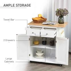 HOMCOM Rubberwood Top Rolling Kitchen Island - White - 801-163 -Kitchen Sale Shop 9fqb1017ed34cda2b.jpg