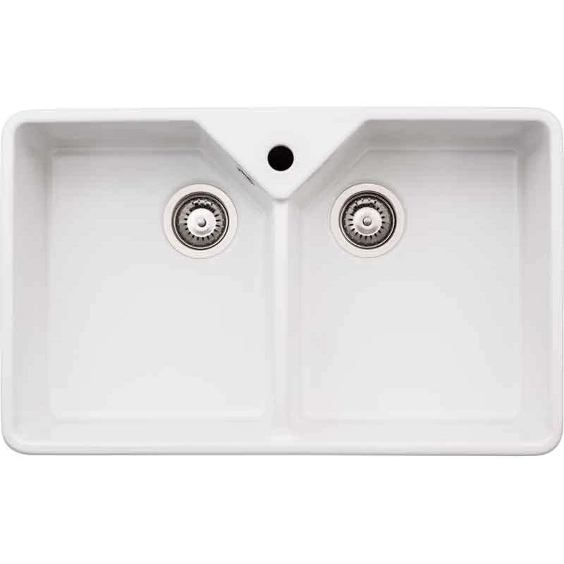 Abode Provincial 2 Bowl Ceramic Kitchen Sink - White - AW1021 3 Abode Provincial 2 Bowl Ceramic Kitchen Sink - White - AW1021