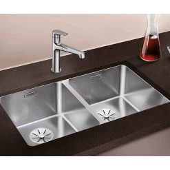 Blanco ANDANO 340/340-U 2 Bowl Stainless Steel Kitchen Sink With Manual InFino Drain System - Satin Polish - 522983