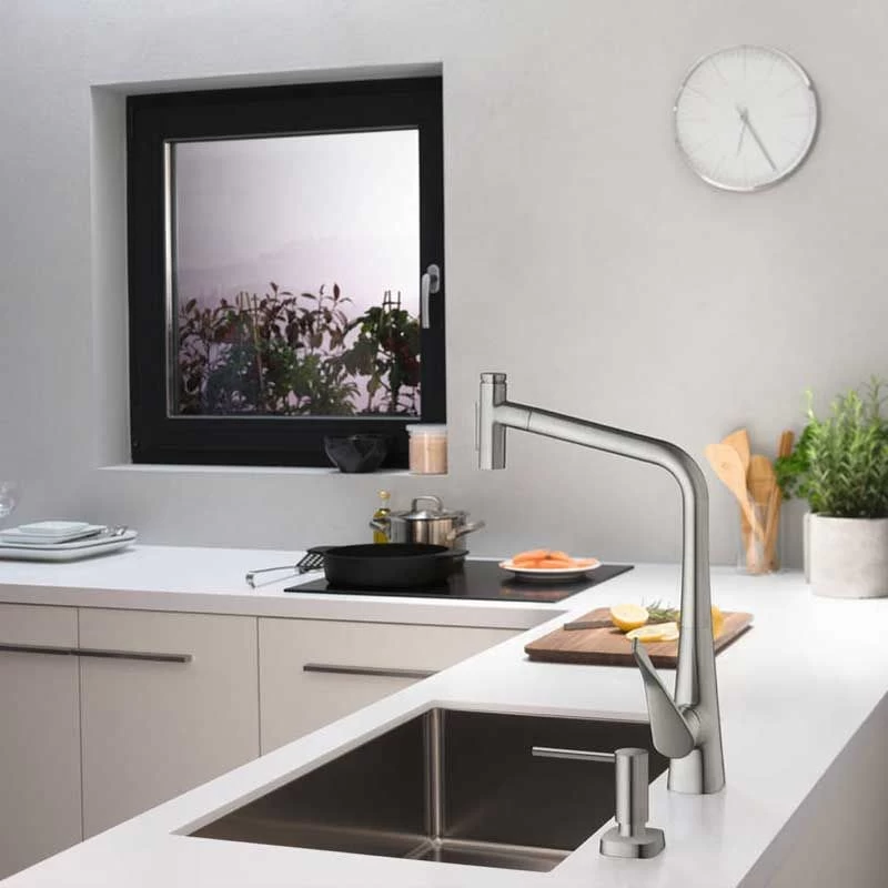 Hansgrohe Metris Select M71 Single Lever Kitchen Mixer Tap 320 With Pull-Out Spray & Sbox 2 Spray Modes - Stainless Steel - 73816800 5 Hansgrohe Metris Select M71 Single Lever Kitchen Mixer Tap 320 With Pull-Out Spray & Sbox 2 Spray Modes - Stainless Steel - 73816800 - Image 3