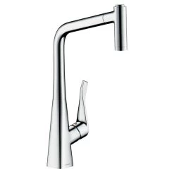 Hansgrohe Metris M71 EcoSmart Single Lever Kitchen Mixer Tap 320 With Pull-Out Spray & Sbox 2 Spray Modes - Chrome - 73824000