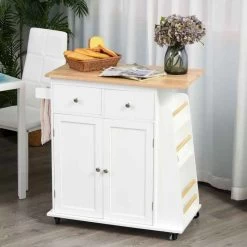 HOMCOM Rubberwood Top Rolling Kitchen Island - White - 801-163 -Kitchen Sale Shop mjk6ff17ed34cda2b.jpg