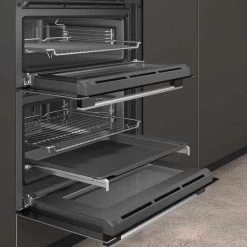 Neff N50 J1ACE2HN0B Built-Under Double Electric Oven - Stainless Steel -Kitchen Sale Shop neff n50j1ace2hn0b extended trays and clip rails open front view