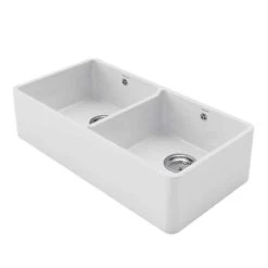 Rangemaster Farmhouse Belfast Ceramic 2 Bowl Sink 895x460mm - White - CFBL900WH/ -Kitchen Sale Shop r a rangemaster cfbl900wh side view