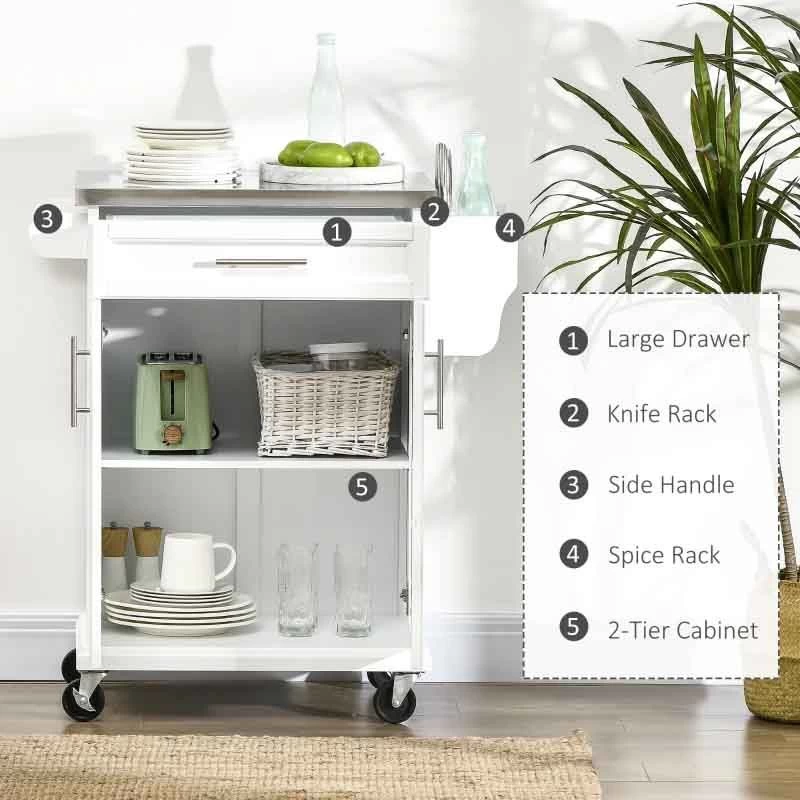 HOMCOM Wooden Freestanding Kitchen Island On Wheels - White - 801-055V01WT 10 HOMCOM Wooden Freestanding Kitchen Island On Wheels - White - 801-055V01WT - Image 8